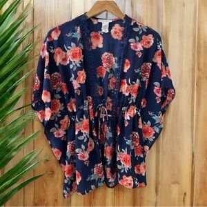 MILEY + MOLLY Kimono Cardigan Red Orange Floral  Blue Background & Lace - M